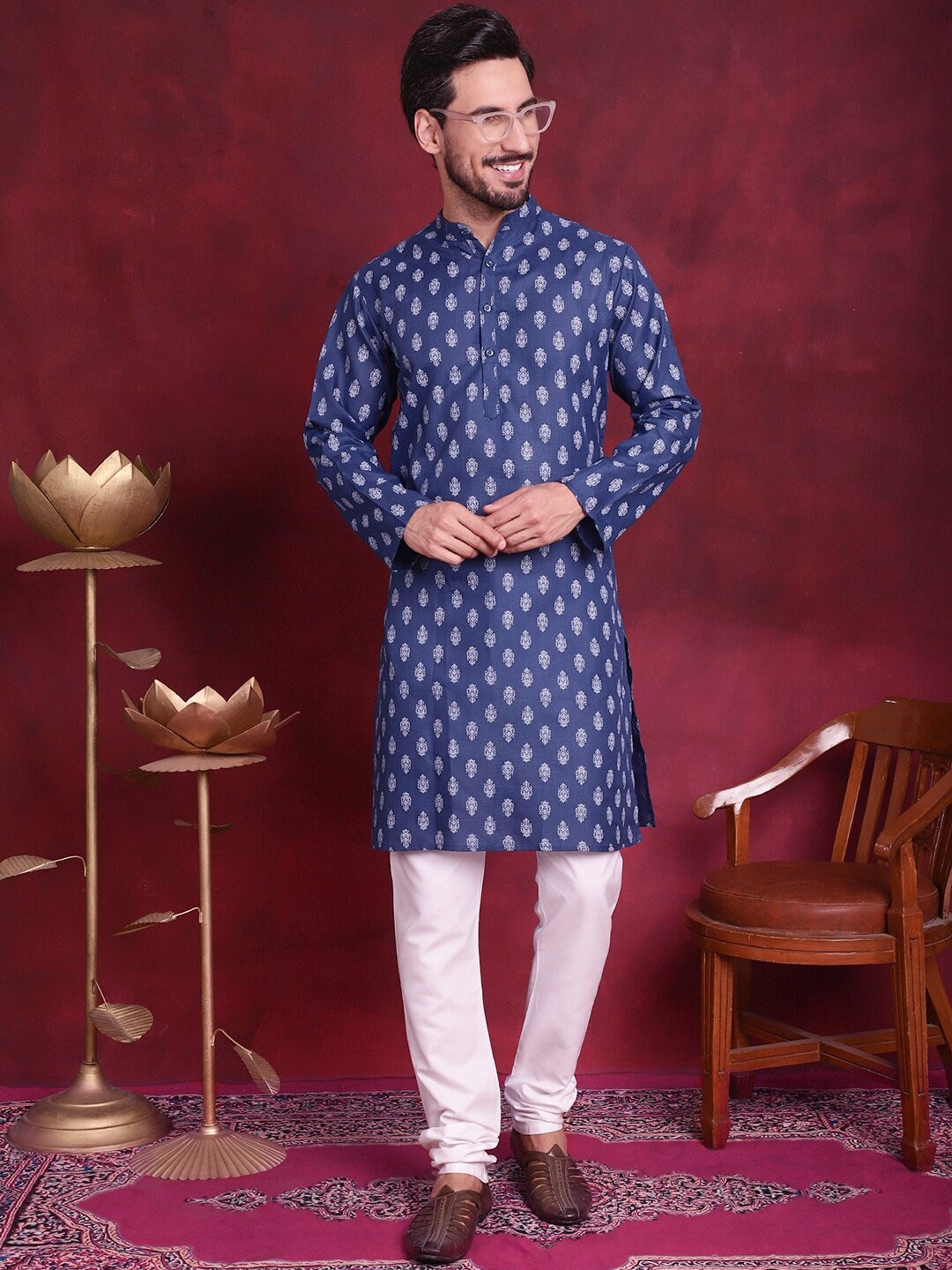 Jompers Ethnic Motifs Printed Band Collar Pure Cotton Straight Kurta with Churidar, Navy blue
Jompers Ethnic Motifs Printed Band Collar Pure Cotton Straight Kurta with Churidar, Navy blue