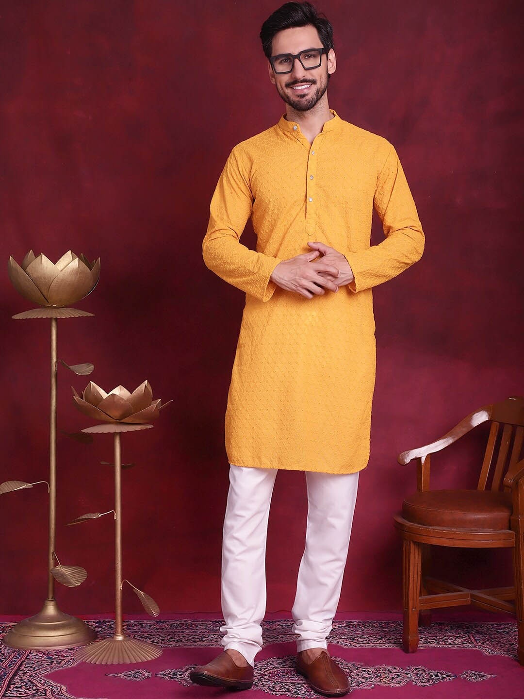 Jompers Geometric Embroidered Regular Chikankari Pure Cotton Kurta with Churidar, Mustard
Jompers Geometric Embroidered Regular Chikankari Pure Cotton Kurta with Churidar, Mustard