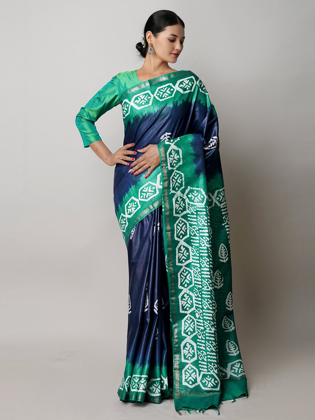Unnati Silks Batik Printed Zari Chanderi Saree, Navy blue
Unnati Silks Batik Printed Zari Chanderi Saree, Navy blue