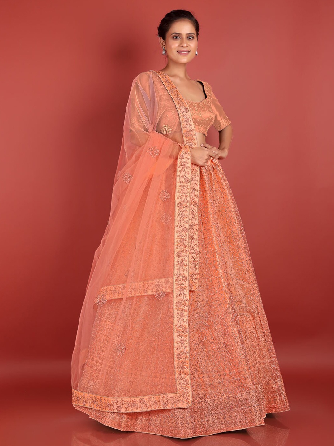 HALFSAREE STUDIO Embroidered Semi-Stitched Net Lehenga & Unstitched Blouse With Dupatta, Peach
HALFSAREE STUDIO Embroidered Semi-Stitched Net Lehenga & Unstitched Blouse With Dupatta, Peach