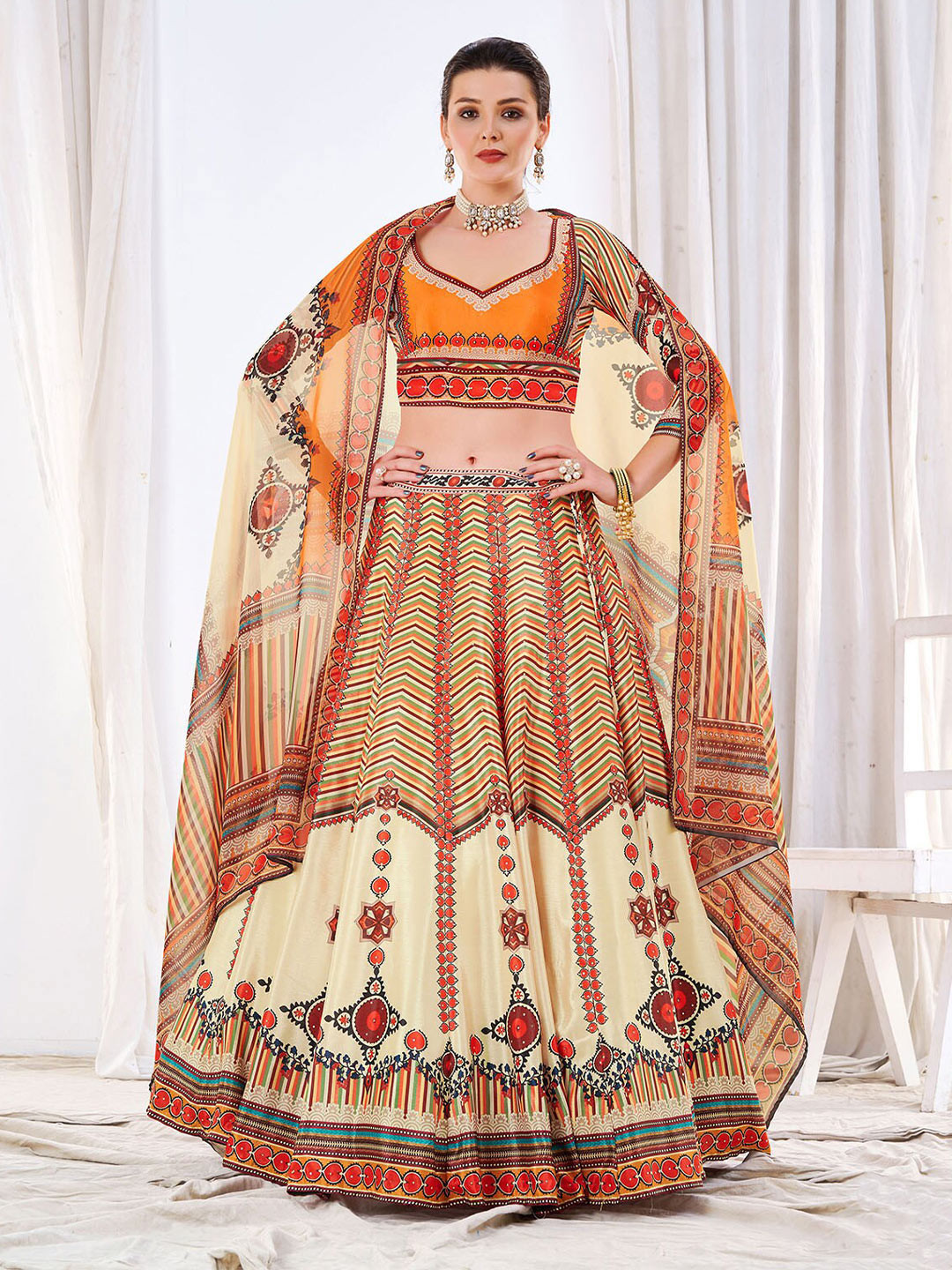 ODETTE Chevron Printed Semi-Stitched Lehenga & Unstitched Blouse With Dupatta, Off white
ODETTE Chevron Printed Semi-Stitched Lehenga & Unstitched Blouse With Dupatta, Off white