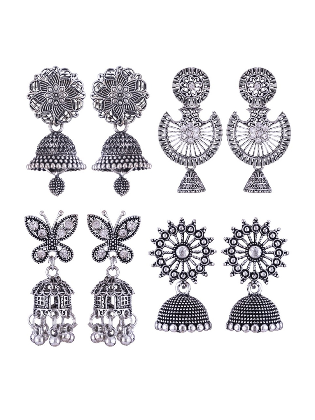 MEENAZ Set Of 4 Silver-Plated Stainless Steel Stones Studded & Beads Beaded Jhumkas
MEENAZ Set Of 4 Silver-Plated Stainless Steel Stones Studded & Beads Beaded Jhumkas