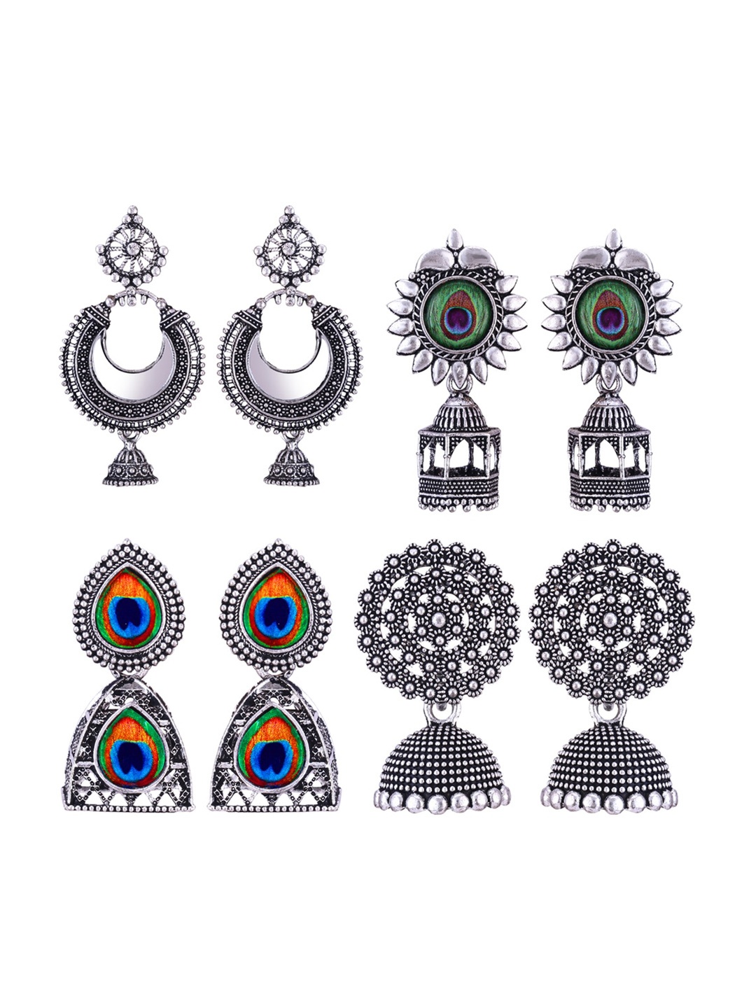 MEENAZ Set Of 4 Silver-Plated Stainless Steel Studded & Beaded Peacock Shaped Jhumkas
MEENAZ Set Of 4 Silver-Plated Stainless Steel Studded & Beaded Peacock Shaped Jhumkas