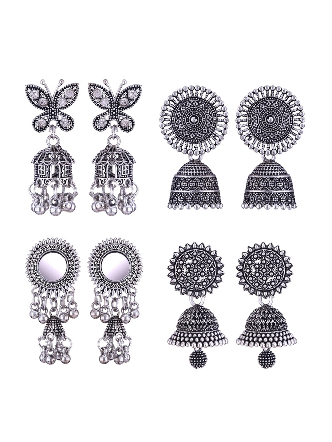 MEENAZ Set Of 4 Silver-Plated Stone-Studded & Beaded Stainless Steel Oxidised Jhumkas
MEENAZ Set Of 4 Silver-Plated Stone-Studded & Beaded Stainless Steel Oxidised Jhumkas