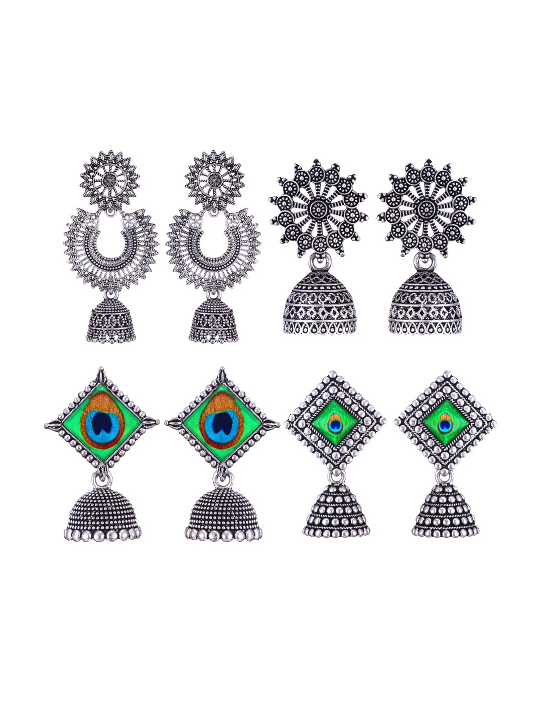 MEENAZ Set Of 4 Silver-Plated Stone-Studded & Beaded Stainless Steel Oxidised Jhumkas
MEENAZ Set Of 4 Silver-Plated Stone-Studded & Beaded Stainless Steel Oxidised Jhumkas