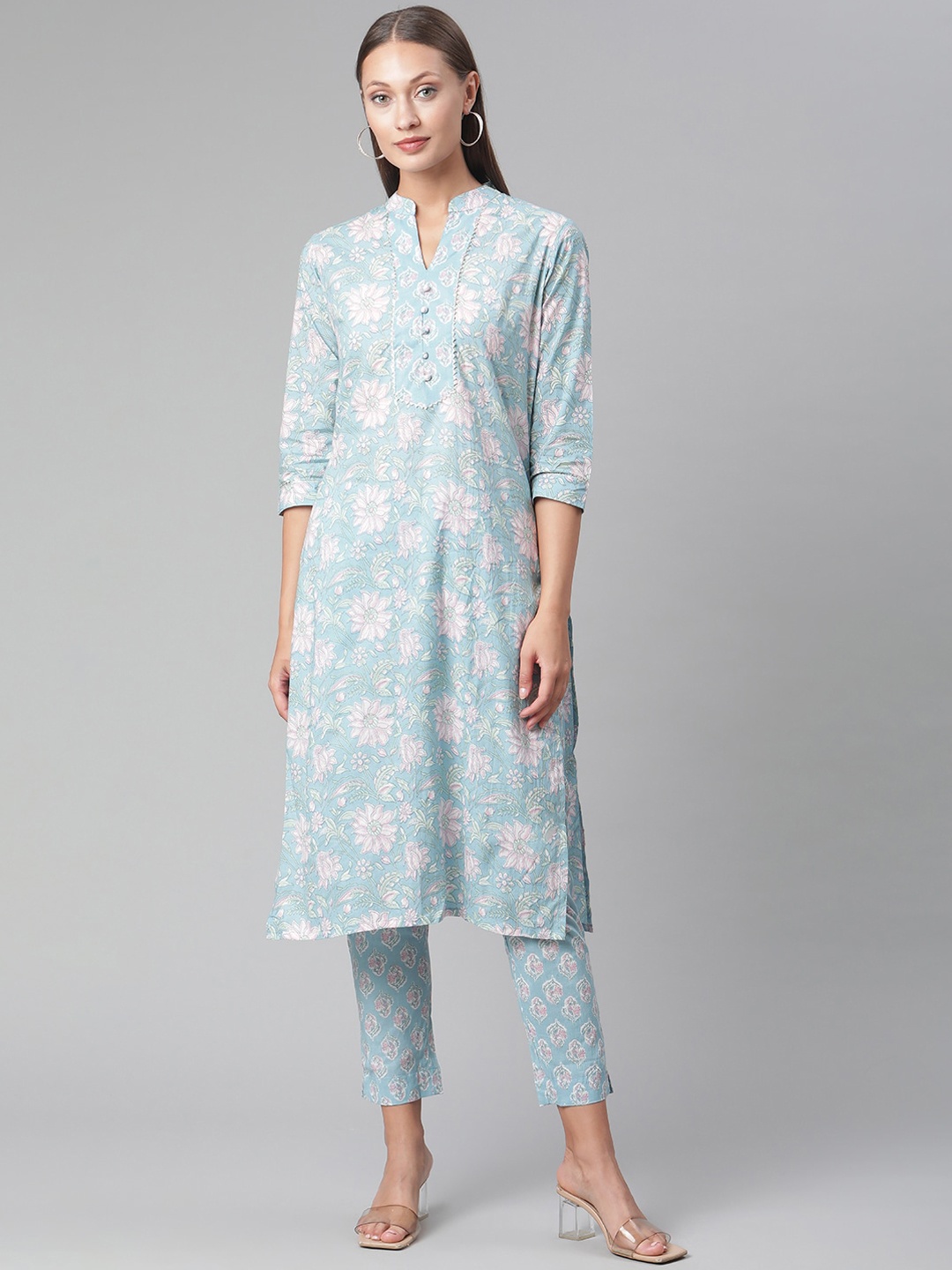 KALINI Floral Printed Mandarin Collar Gotta Patti Pure Cotton Straight Kurta With Trousers, Turquoise blue
KALINI Floral Printed Mandarin Collar Gotta Patti Pure Cotton Straight Kurta With Trousers, Turquoise blue