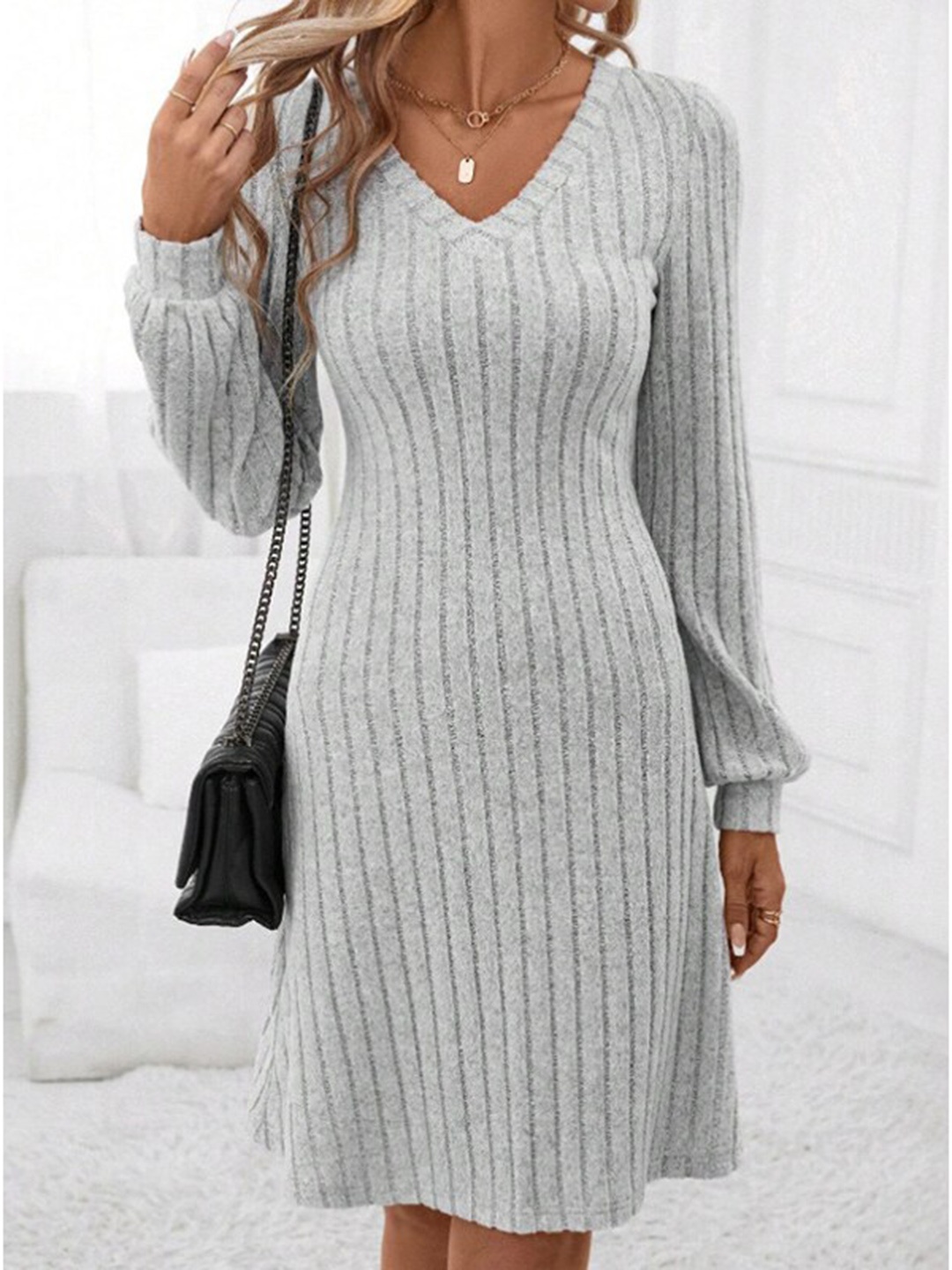 StyleCast Grey Self Design Cuffed Sleeves A-Line Dress