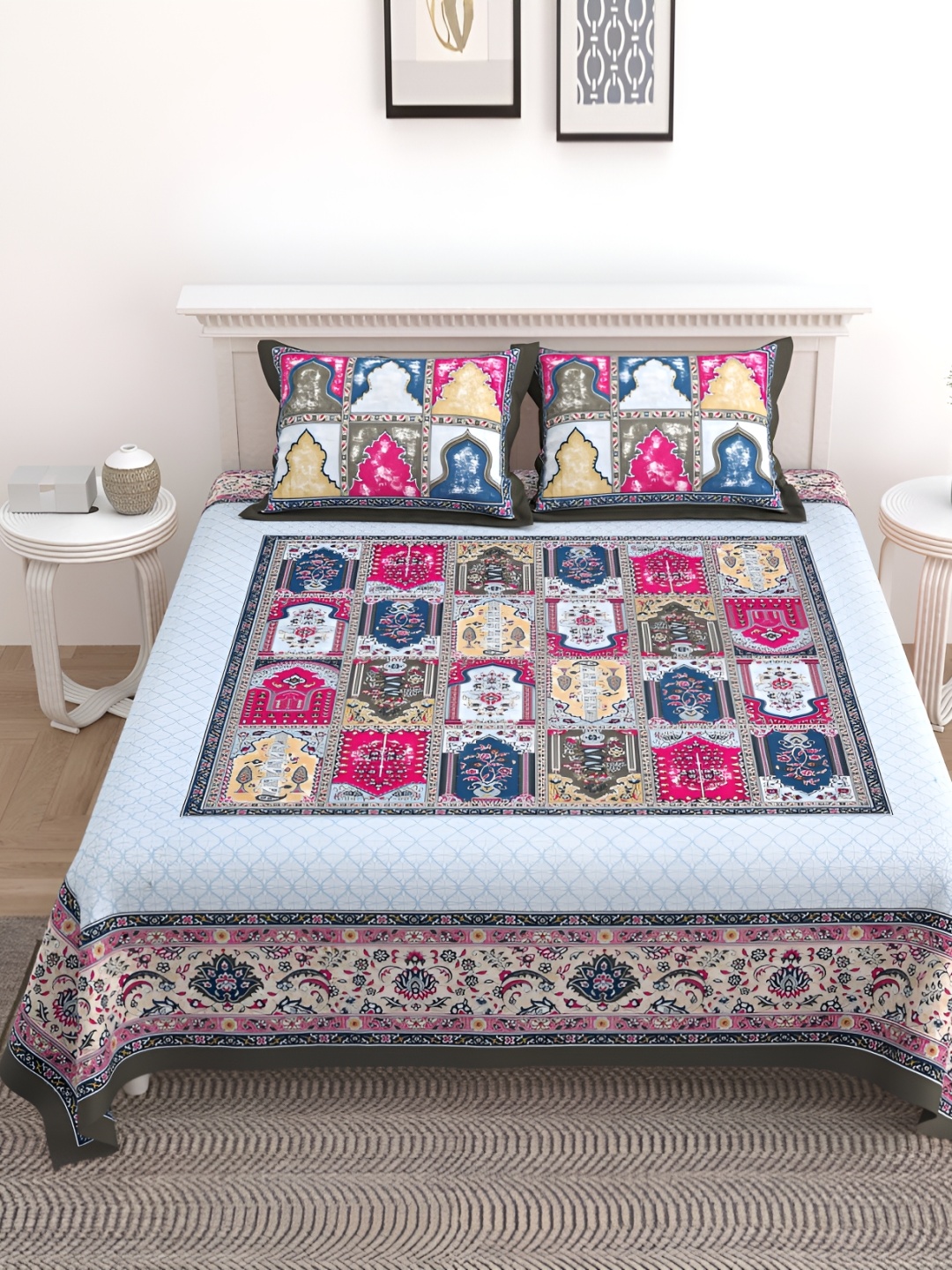 Urban Jaipur Blue & Pink Ethnic Motifs Cotton 186 TC King Bedsheet with 2 Pillow Covers, Navy blue
Urban Jaipur Blue & Pink Ethnic Motifs Cotton 186 TC King Bedsheet with 2 Pillow Covers, Navy blue