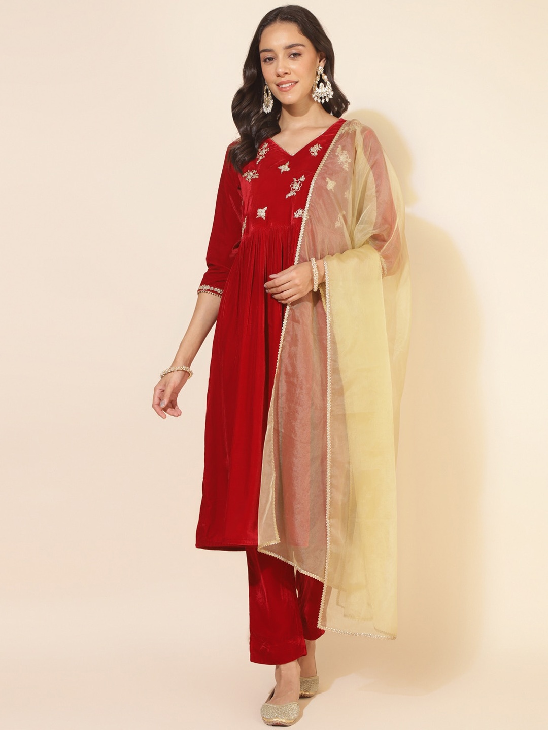 Janasya Ethnic Motifs Yoke Design Gotta Patti Velvet A-Line Kurta & Trousers With Dupatta, Red
Janasya Ethnic Motifs Yoke Design Gotta Patti Velvet A-Line Kurta & Trousers With Dupatta, Red