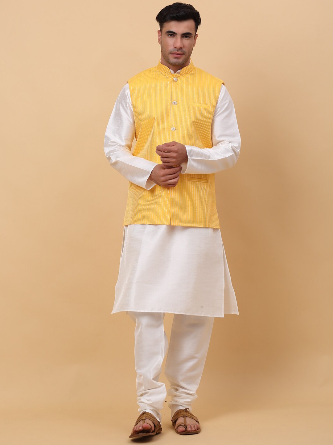 KRAFT INDIA Mandarin Collar Kurta With Churidar & Striped Sequinned Nehru Jacket, Cream
KRAFT INDIA Mandarin Collar Kurta With Churidar & Striped Sequinned Nehru Jacket, Cream