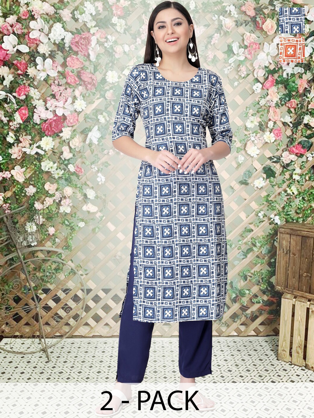 arangya Selection Of 2 Ethnic Motifs Printed Straight Kurta with Trousers, Navy blue
arangya Selection Of 2 Ethnic Motifs Printed Straight Kurta with Trousers, Navy blue