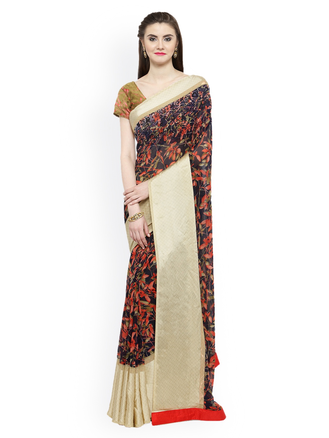 Shaily Cream-Coloured & Navy Blue Printed Saree