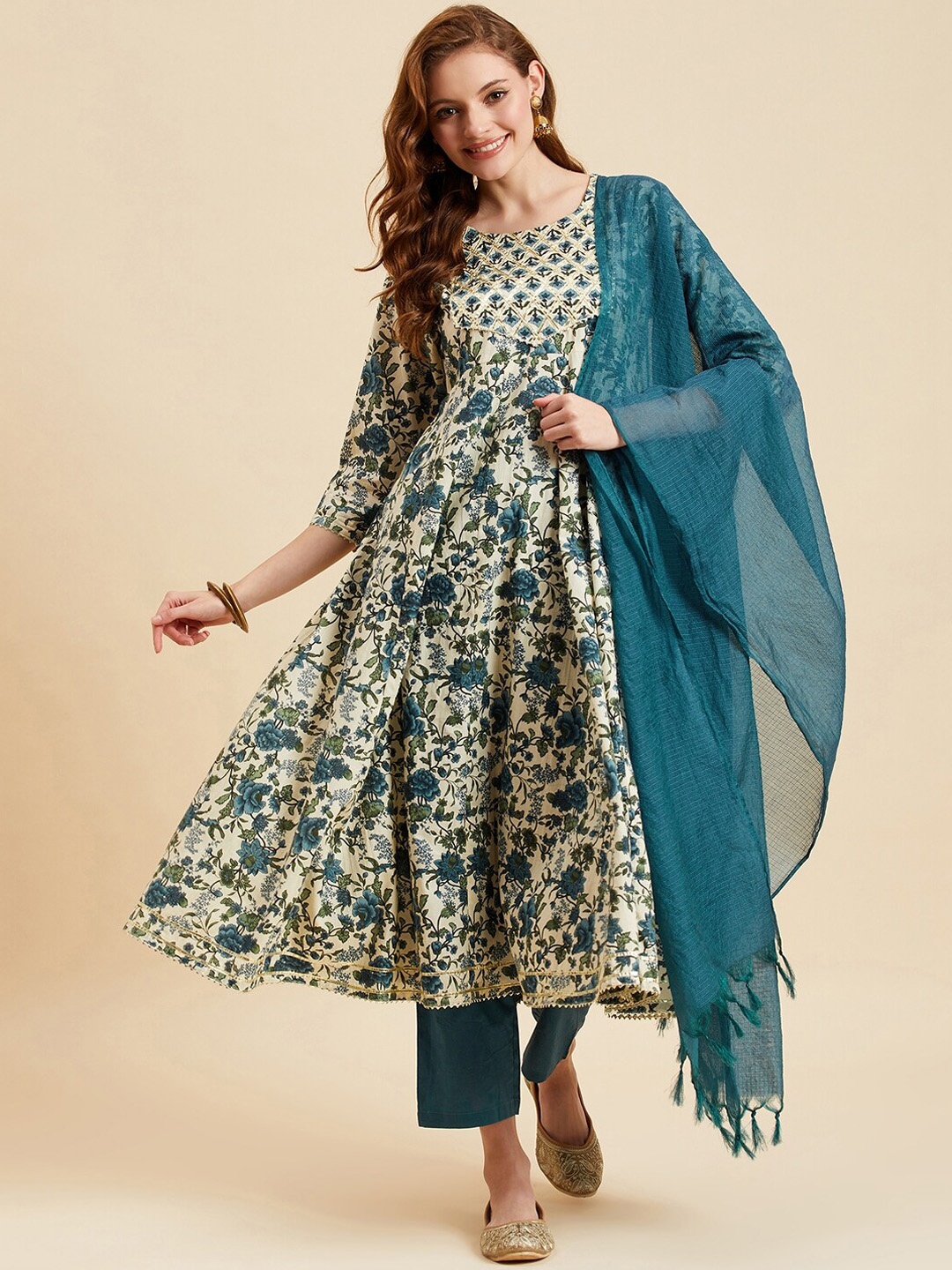 Azira Floral Printed Gotta Patti Pure Cotton Anarkali Kurta With Trousers & Dupatta, Green
Azira Floral Printed Gotta Patti Pure Cotton Anarkali Kurta With Trousers & Dupatta, Green