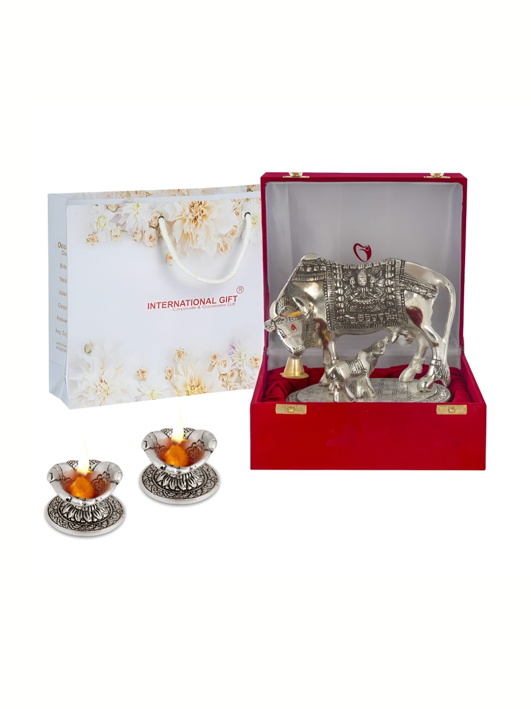 INTERNATIONAL GIFT 3 Pieces Kamdhenu Cow With Calf Statue Figurine With Diya Set, Silver
INTERNATIONAL GIFT 3 Pieces Kamdhenu Cow With Calf Statue Figurine With Diya Set, Silver