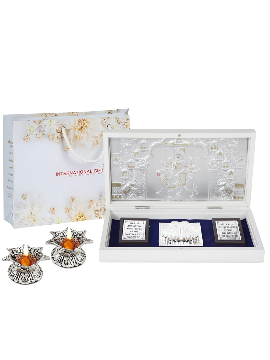 INTERNATIONAL GIFT Silver-Coated Lord Durga Idol & Charan Paduka Box With Diyas Gift Set
INTERNATIONAL GIFT Silver-Coated Lord Durga Idol & Charan Paduka Box With Diyas Gift Set