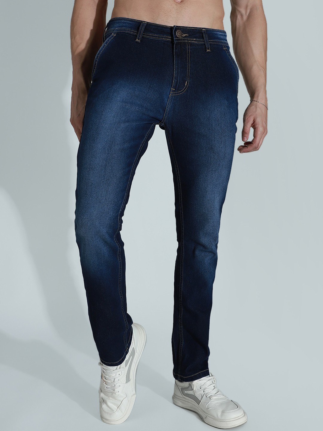 High Star Men Slim Fit Mid-Rise Clean Look Light Fade Stretchable Jeans, Navy blue