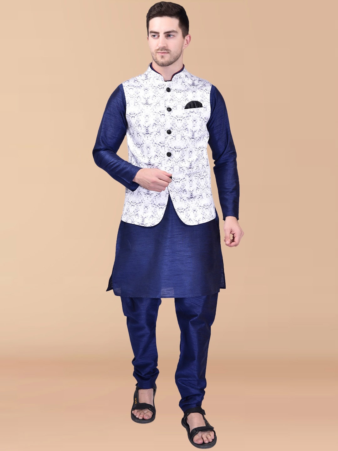 PRINTCULTR Long Sleeves Pure Silk Kurta with Trousers And Printed Nehru jacket, Blue
PRINTCULTR Long Sleeves Pure Silk Kurta with Trousers And Printed Nehru jacket, Blue