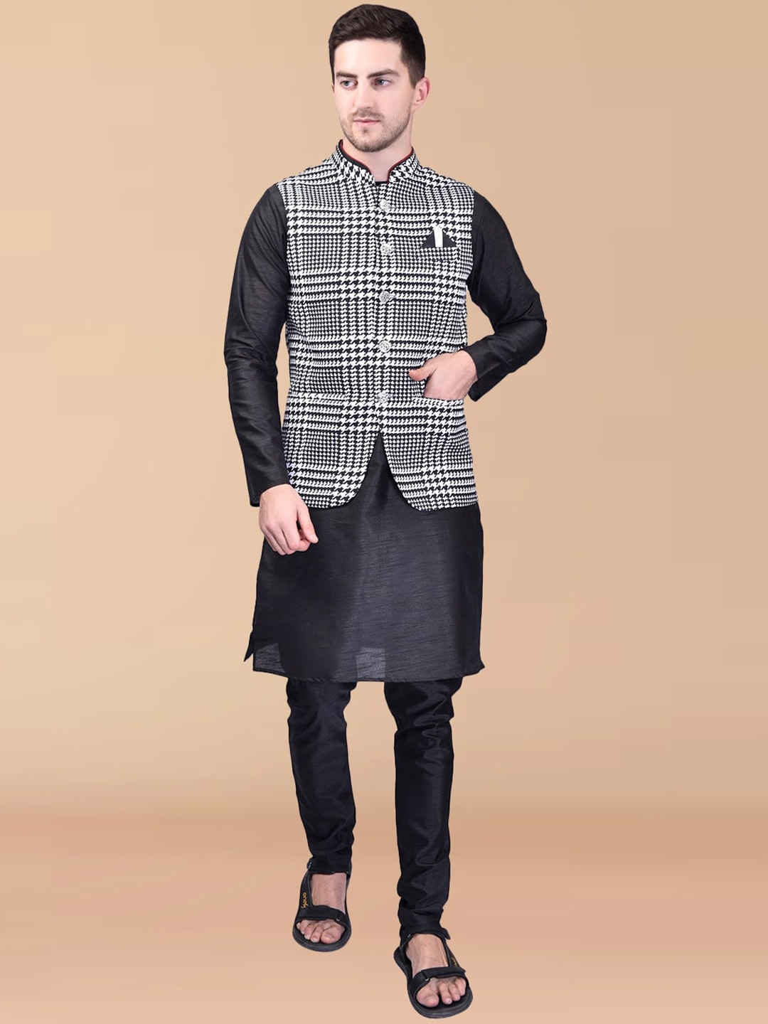 PRINTCULTR Mandarin Collar Regular Pure Silk Kurta With Churidar & Nehru Jacket, Black
PRINTCULTR Mandarin Collar Regular Pure Silk Kurta With Churidar & Nehru Jacket, Black