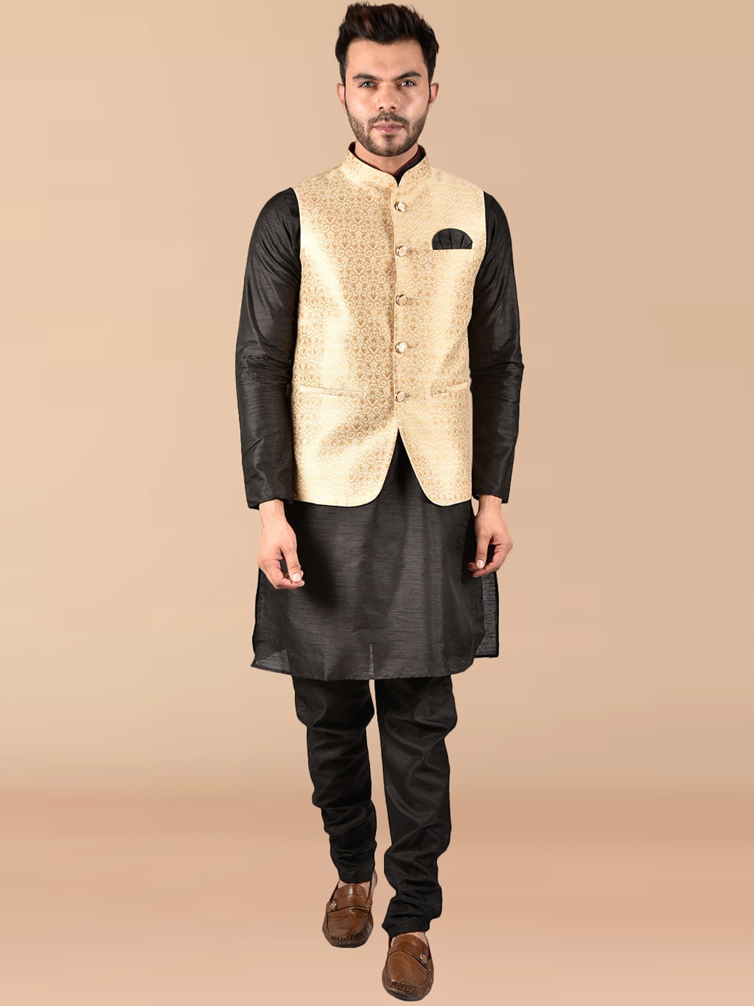 PRINTCULTR Mandarin Collar Pure Silk Straight Kurta With Pyjamas & Nehru jacket, Black
PRINTCULTR Mandarin Collar Pure Silk Straight Kurta With Pyjamas & Nehru jacket, Black