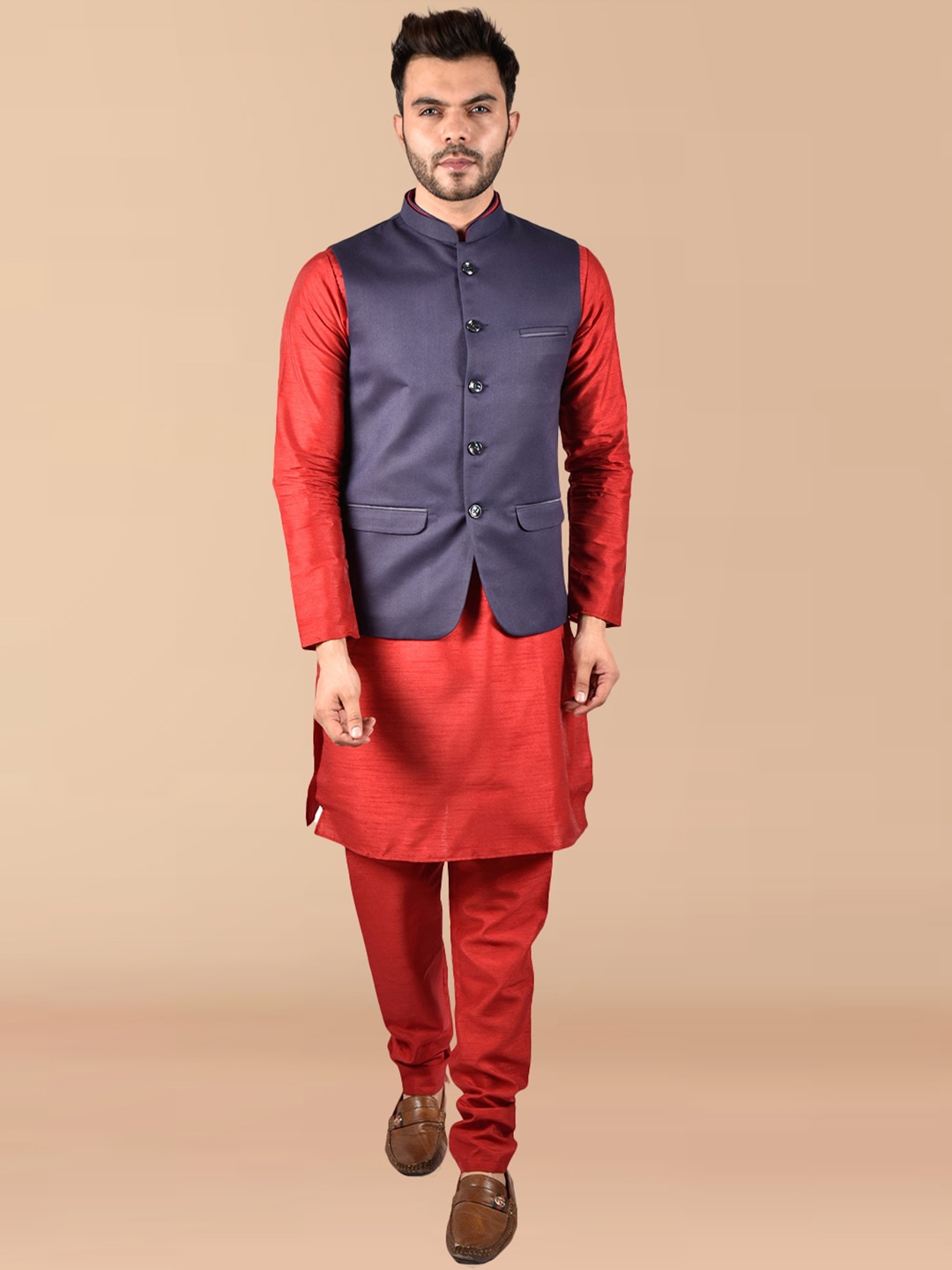 PRINTCULTR Mandarin Collar Regular Pure Silk Kurta With Churidar & Nehru jacket, Red
PRINTCULTR Mandarin Collar Regular Pure Silk Kurta With Churidar & Nehru jacket, Red