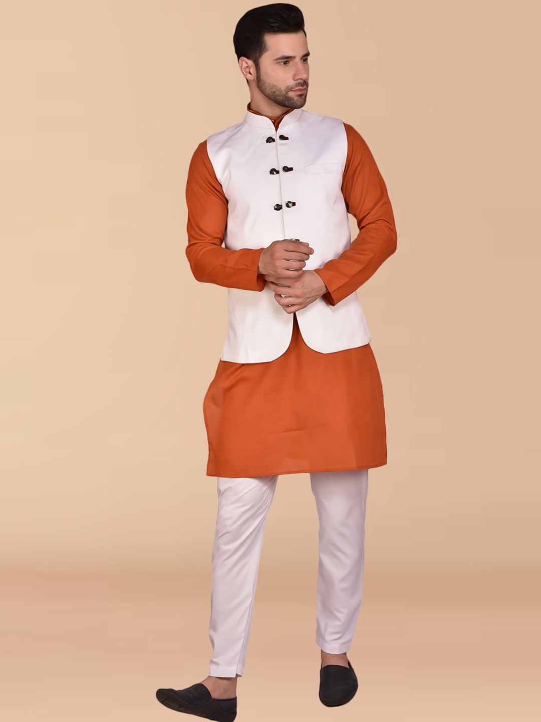 PRINTCULTR Mandarin Collar Pure Cotton Straight Kurta & Trousers With Nehru jacket, Orange
PRINTCULTR Mandarin Collar Pure Cotton Straight Kurta & Trousers With Nehru jacket, Orange