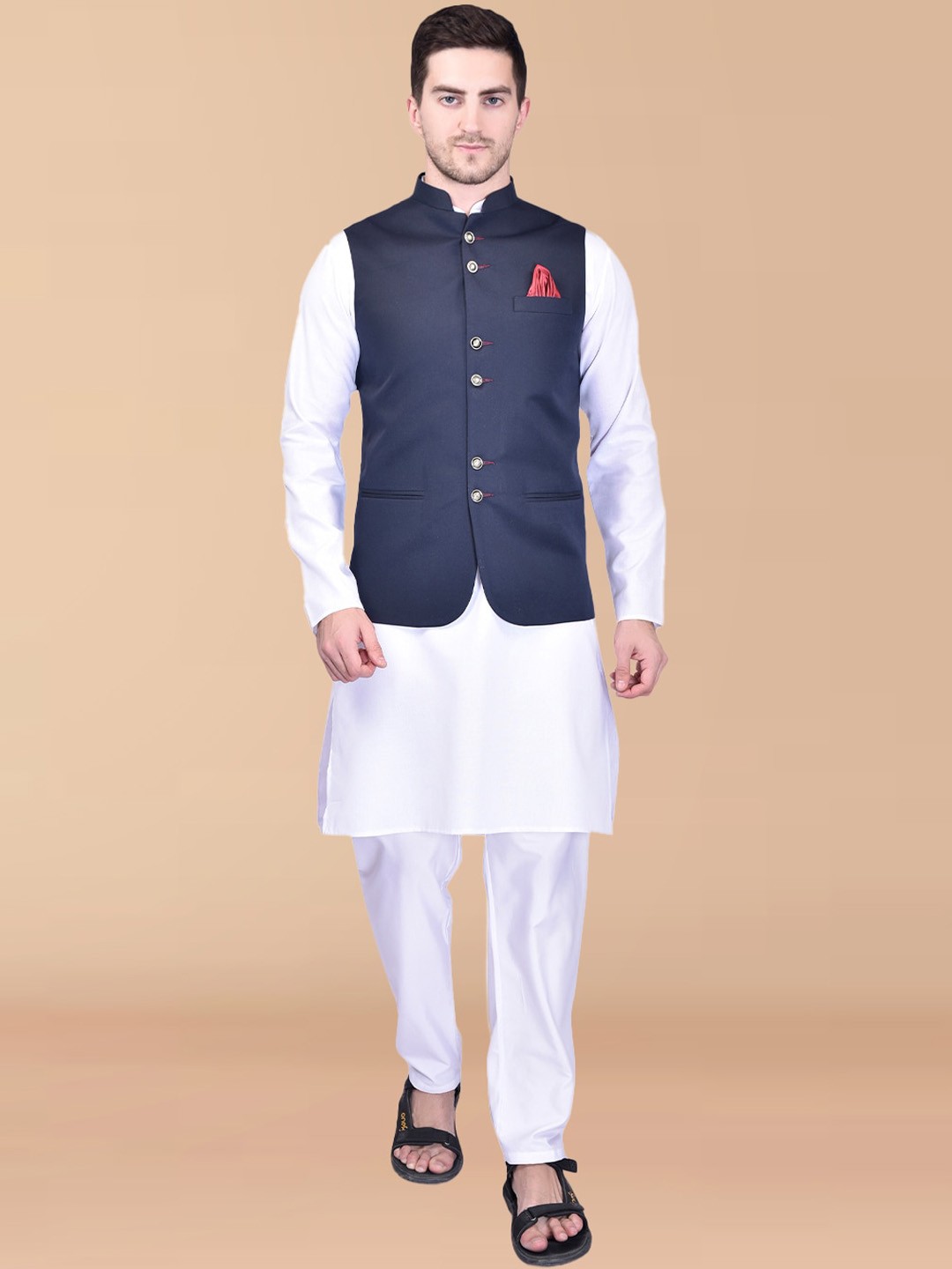 PRINTCULTR Mandarin Collar Long Sleeve Regular Pure Cotton Kurta Set With Nehru jacket, White
PRINTCULTR Mandarin Collar Long Sleeve Regular Pure Cotton Kurta Set With Nehru jacket, White