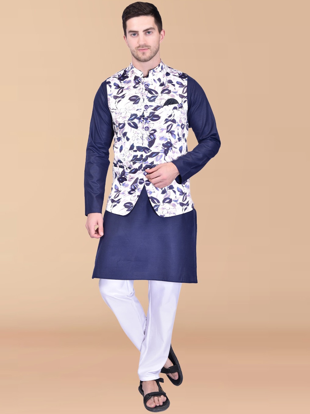 PRINTCULTR Band Collar Pure Cotton Straight Kurta & Pyjamas with Nehru jacket, Navy blue
PRINTCULTR Band Collar Pure Cotton Straight Kurta & Pyjamas with Nehru jacket, Navy blue
