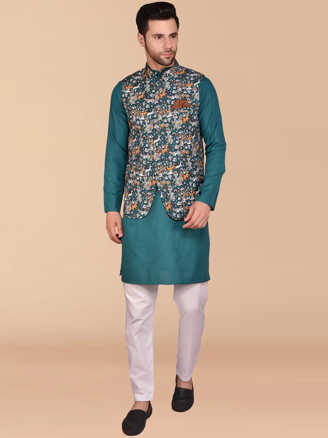 PRINTCULTR Mandarin Collar Long Sleeves Regular Cotton Kurta With Pyjamas & Nehru jacket, Teal
PRINTCULTR Mandarin Collar Long Sleeves Regular Cotton Kurta With Pyjamas & Nehru jacket, Teal