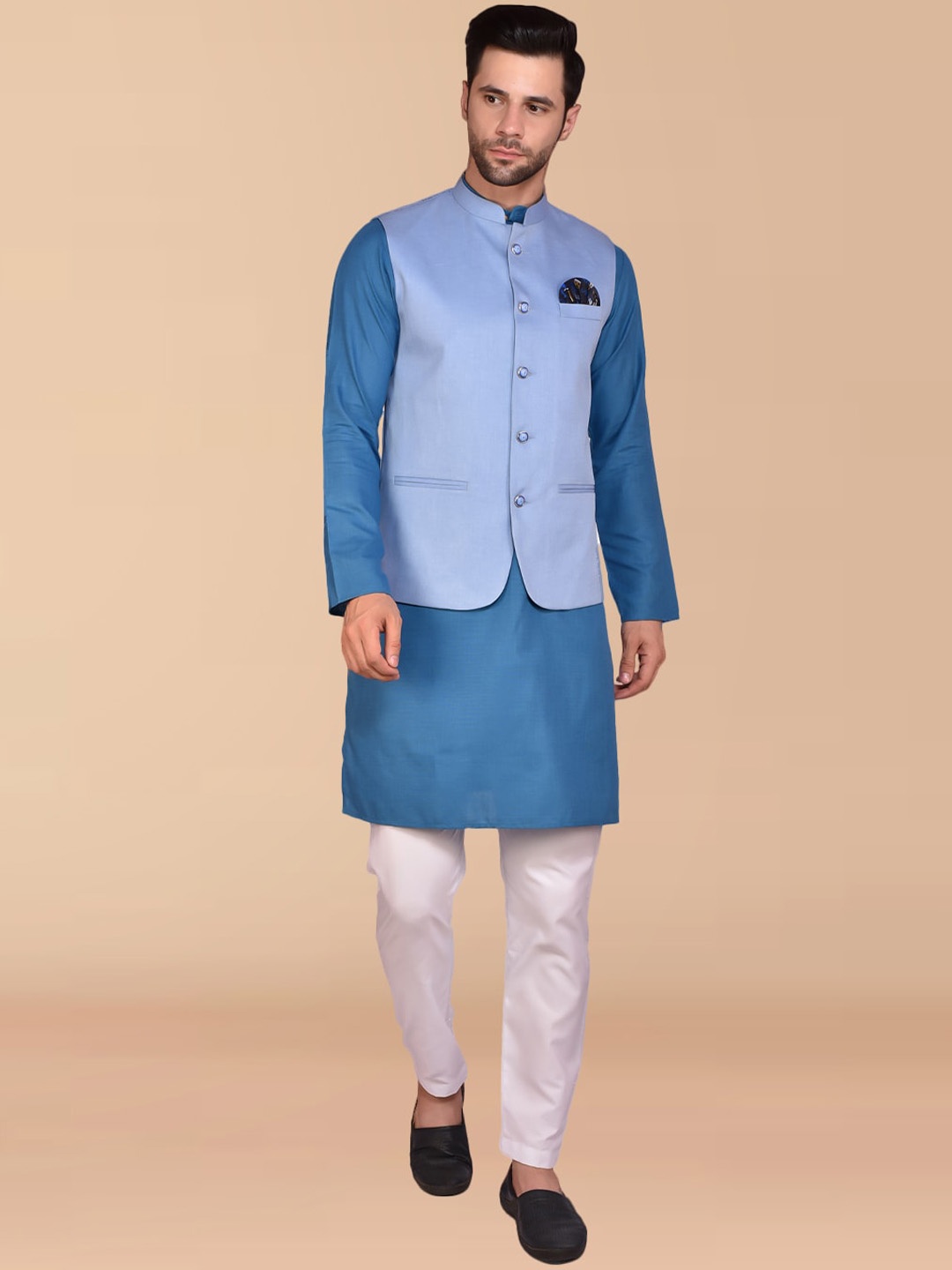 PRINTCULTR Mandarin Collar Regular Pure Cotton Kurta With Churidar & Nehru Jacket, Blue
PRINTCULTR Mandarin Collar Regular Pure Cotton Kurta With Churidar & Nehru Jacket, Blue