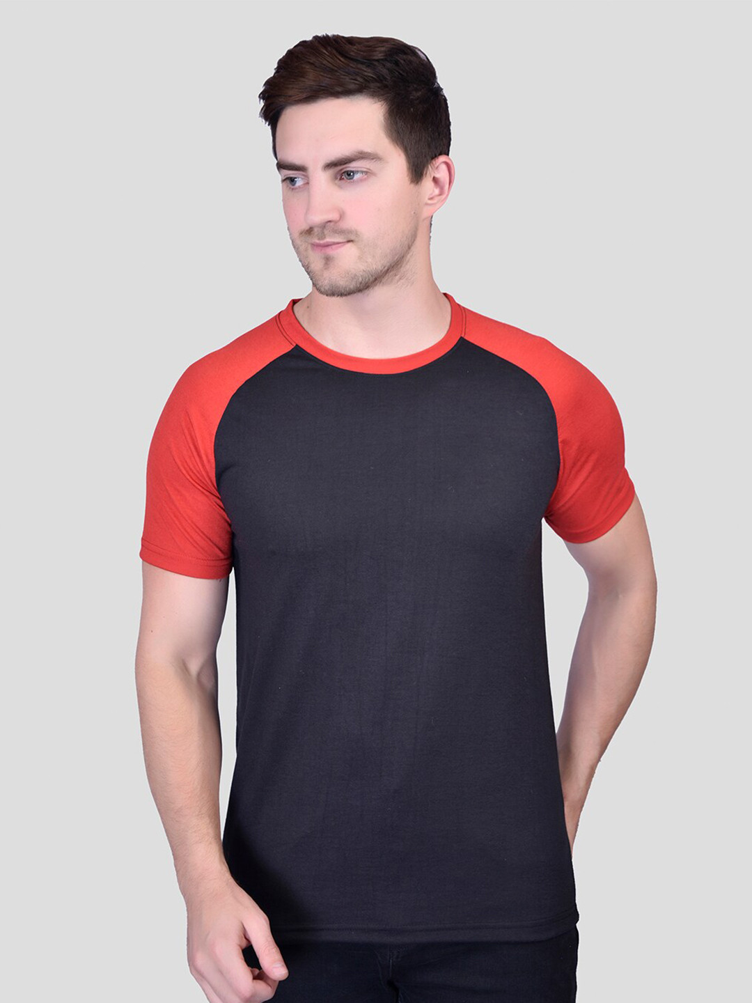 PRINTCULTR Colourblocked Raglan Sleeves Cotton T-shirt, Black 
PRINTCULTR Colourblocked Raglan Sleeves Cotton T-shirt, Black