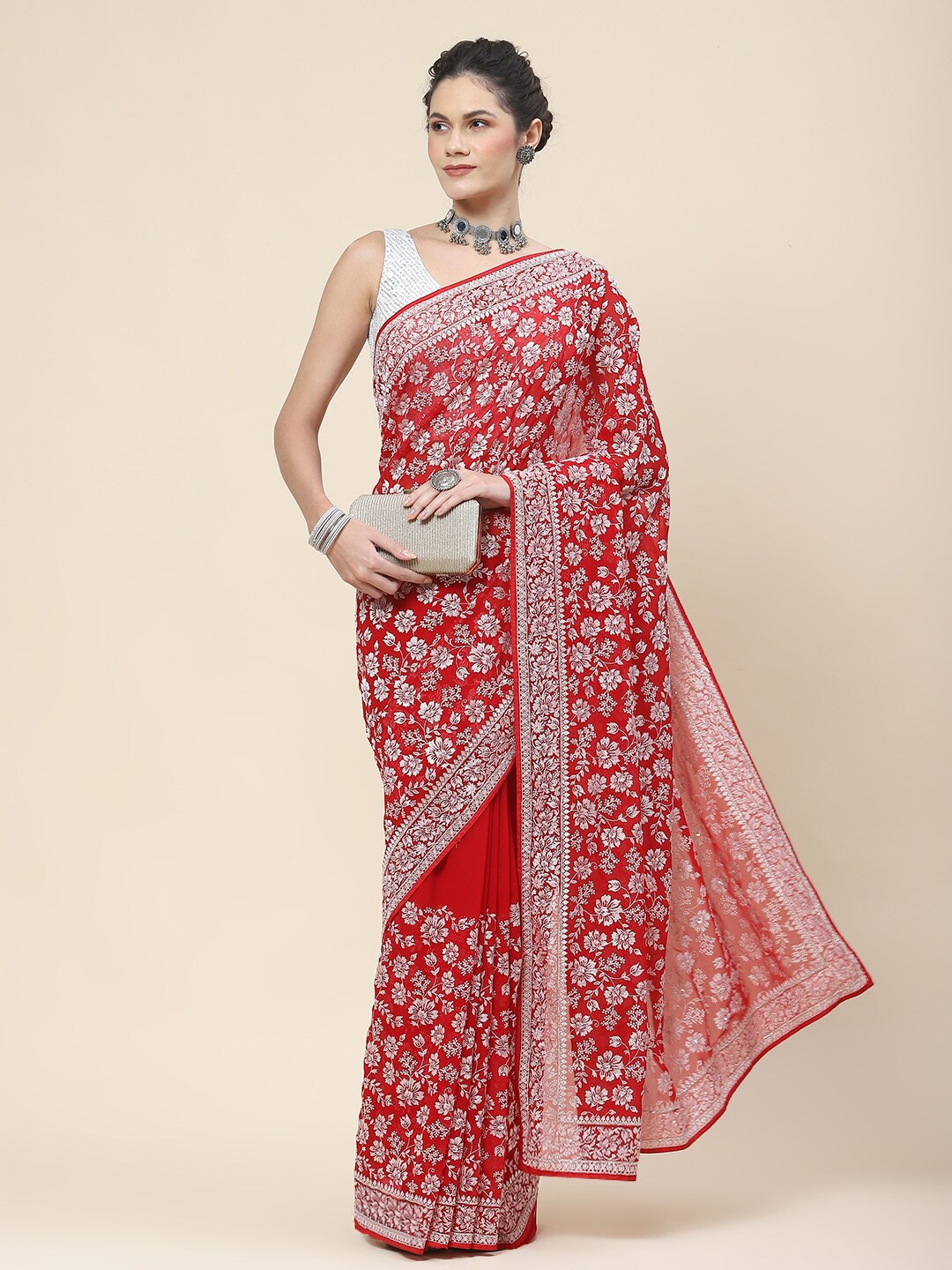 Meena Bazaar Floral Embroidered Georgette Saree, Red