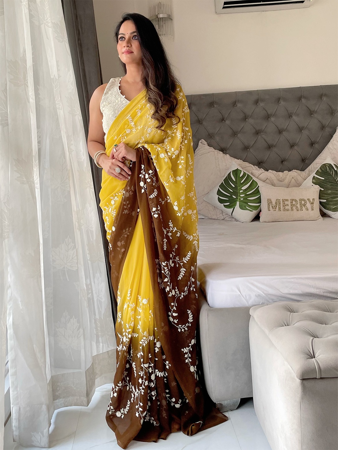Anouk Floral Embroidered Saree, Yellow