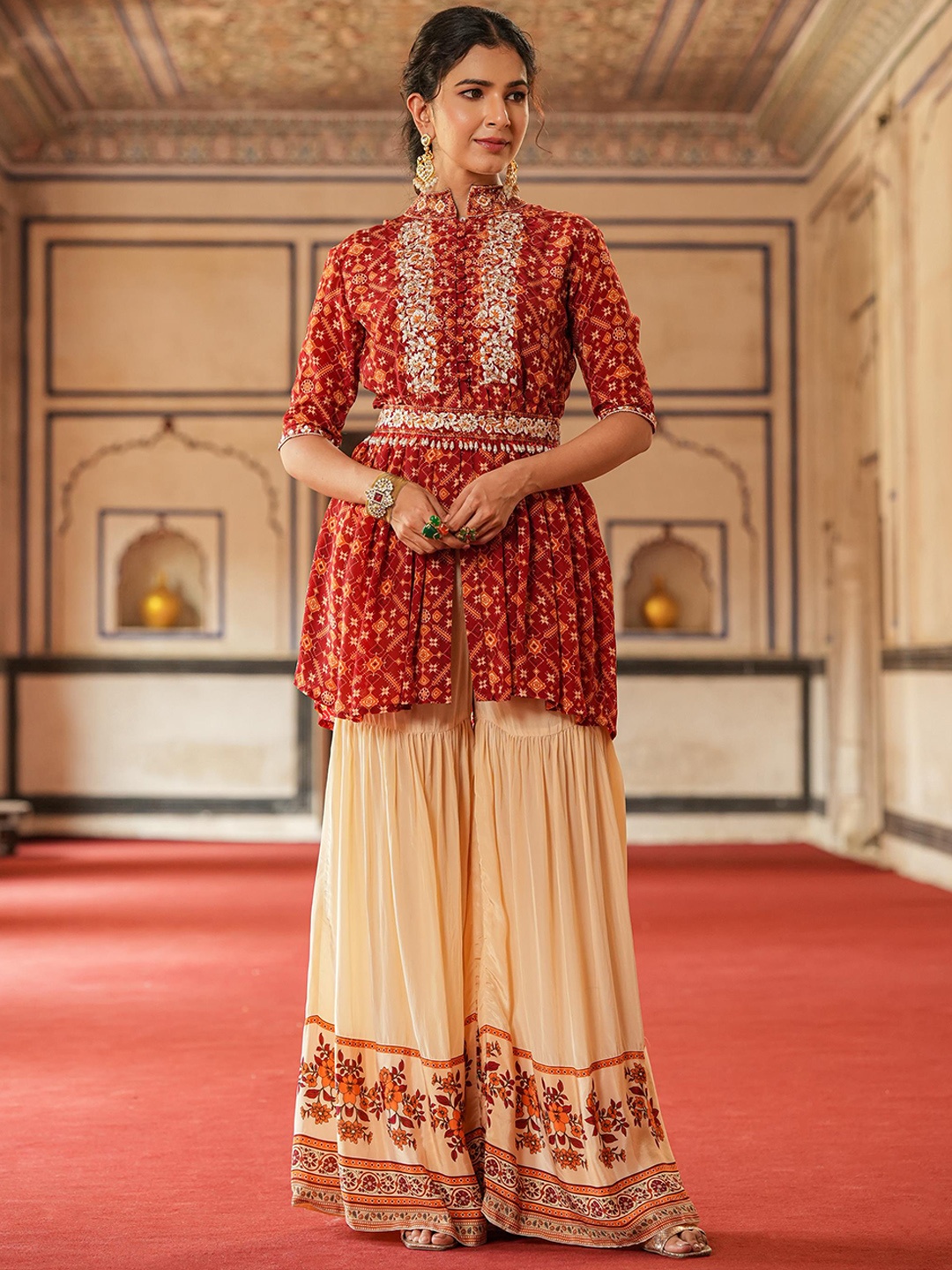 SCAKHI Ethnic Motifs Printed A-Line Pleated Zari Silk Crepe Kurti With Sharara & Belt, Maroon
SCAKHI Ethnic Motifs Printed A-Line Pleated Zari Silk Crepe Kurti With Sharara & Belt, Maroon