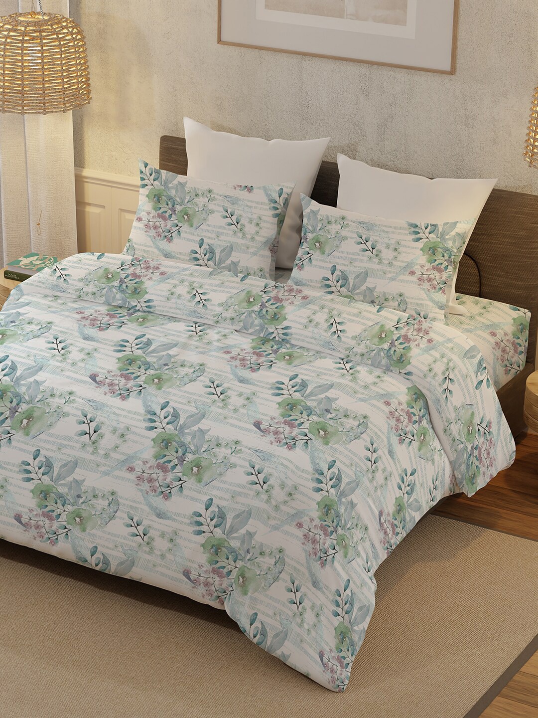 BELLA CASA White Green Floral Cotton 400 TC King Bedsheet with 2 Pillow Covers
BELLA CASA White Green Floral Cotton 400 TC King Bedsheet with 2 Pillow Covers
