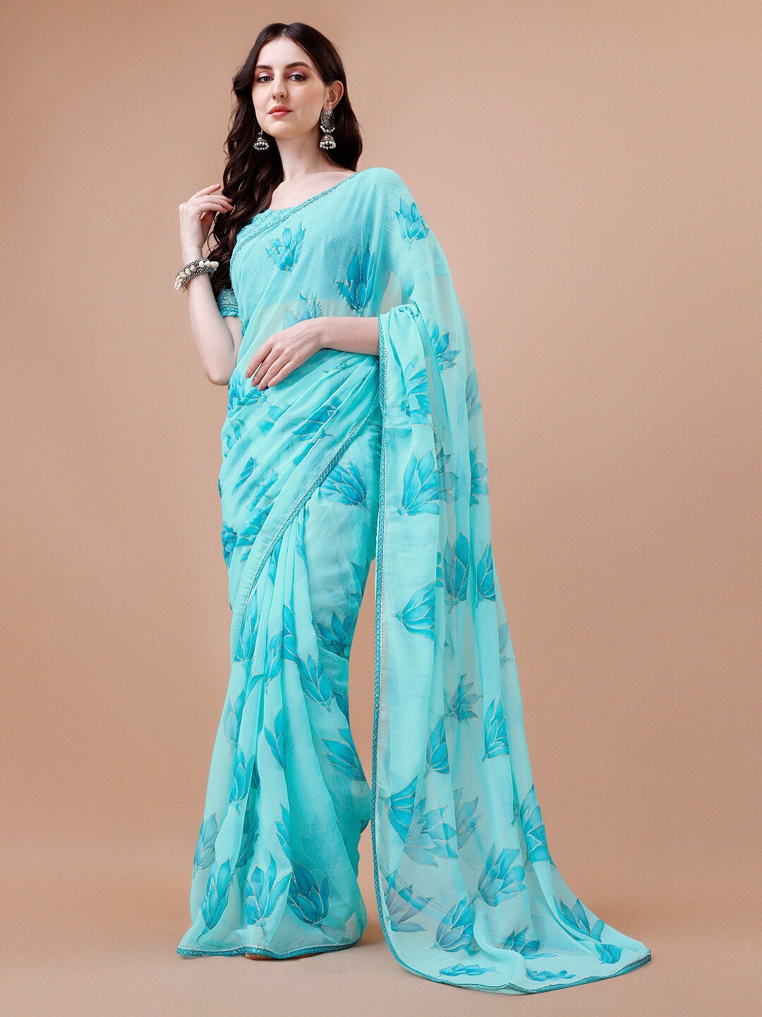 Dori Floral Printed Pure Chiffon Saree, Turquoise blue