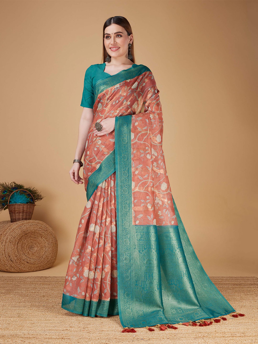 Mitera Orange Floral Woven Design Silk Cotton Banarasi Saree