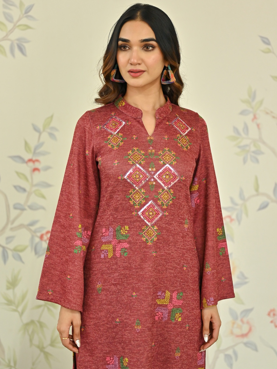 Rustorange Phulkari Printed Mandarin Collar Bell Sleeves Sequins A-Line Woollen Kurta, Maroon
Rustorange Phulkari Printed Mandarin Collar Bell Sleeves Sequins A-Line Woollen Kurta, Maroon