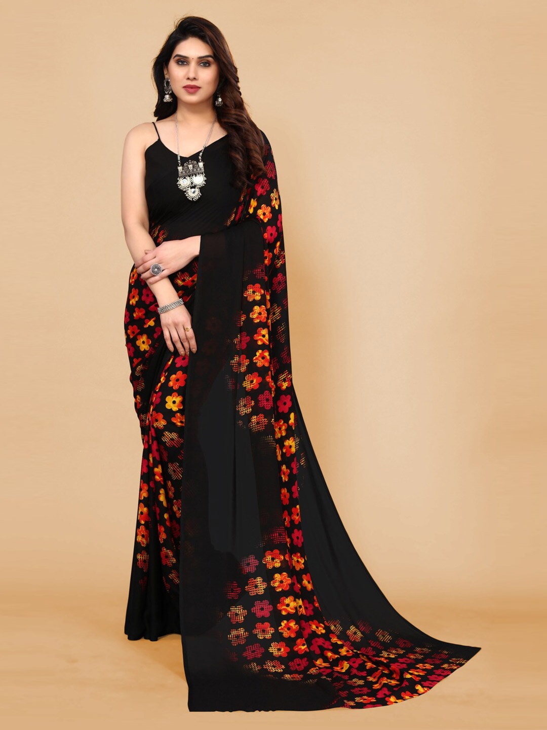 ANAND SAREES Floral Printed Pure Georgette Saree, Black
