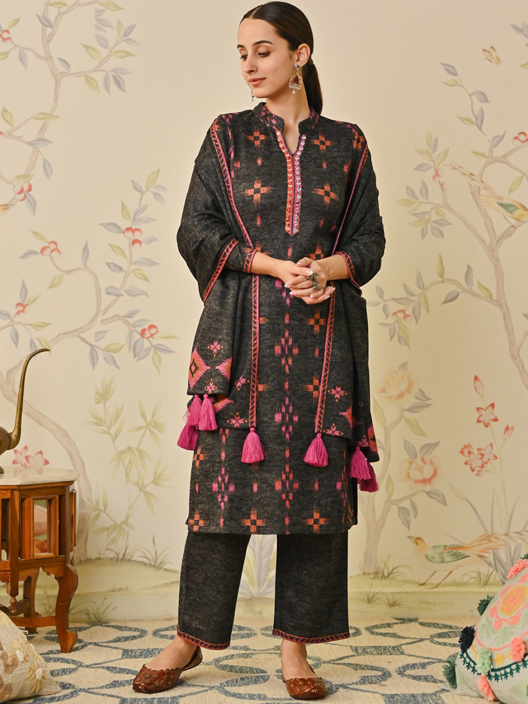 Rustorange Ikat Printed Mirror Work Kurta With Trousers & Dupatta, Black 
Rustorange Ikat Printed Mirror Work Kurta With Trousers & Dupatta, Black