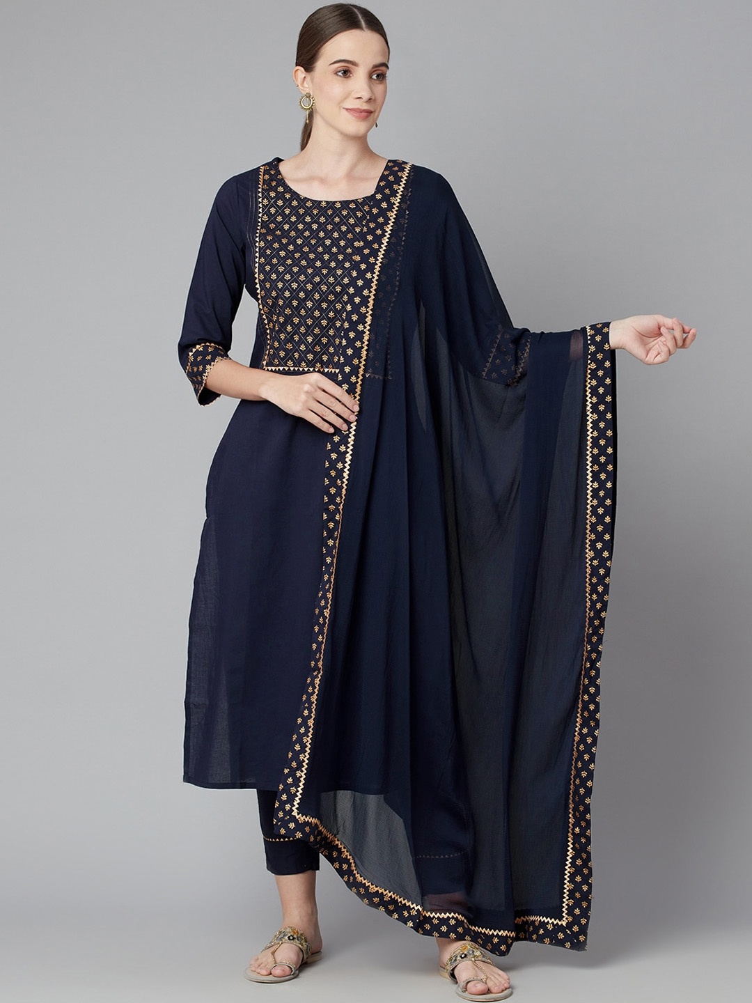 KALINI Floral Printed Gotta Patti Pure Cotton Kurta with Trousers & Dupatta, Navy blue
KALINI Floral Printed Gotta Patti Pure Cotton Kurta with Trousers & Dupatta, Navy blue