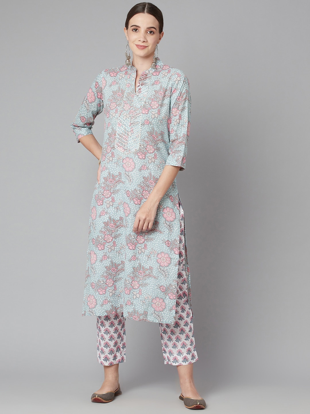 KALINI Floral Printed Mandarin Collar Gotta Patti Pure Cotton Kurta With Trousers, Grey
KALINI Floral Printed Mandarin Collar Gotta Patti Pure Cotton Kurta With Trousers, Grey