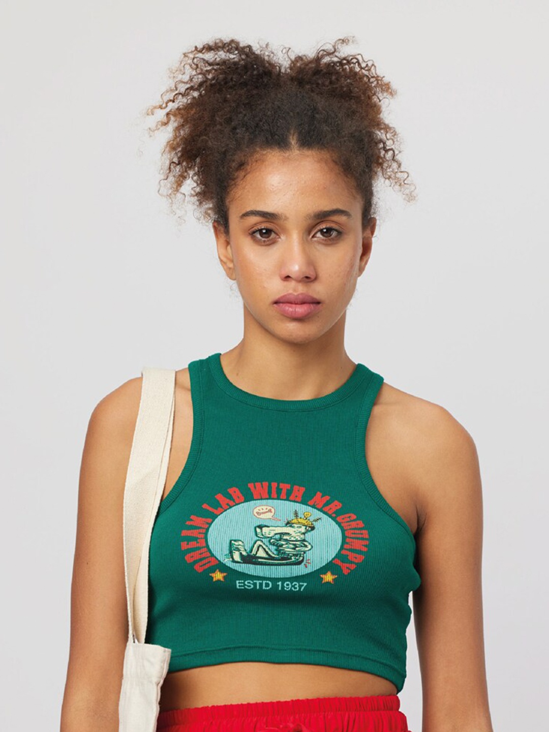 Koovs Graphic Printed Cotton Tank Crop Top, Green
