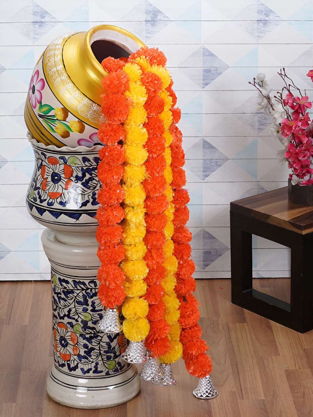 Dekorly Yellow & Orange 5 Pcs Marigold Artificial Flower with Silver Toned Bells
Dekorly Yellow & Orange 5 Pcs Marigold Artificial Flower with Silver Toned Bells