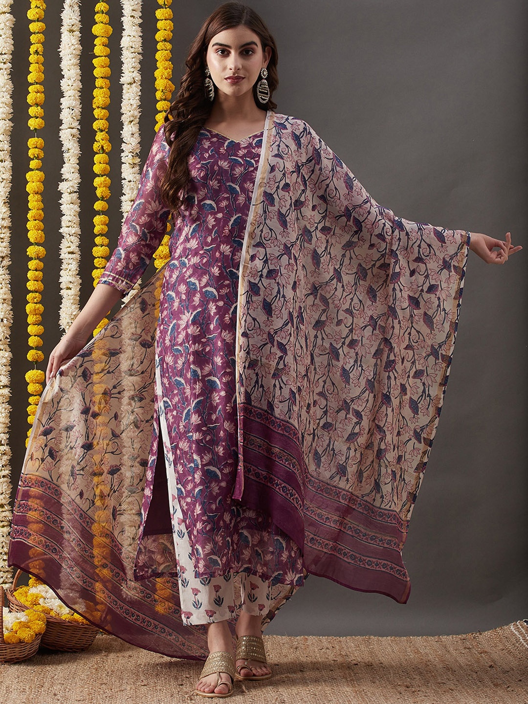 KALINI Floral Printed Gotta Patti Detailed Straight Kurta & Trouser With Dupatta, Purple
KALINI Floral Printed Gotta Patti Detailed Straight Kurta & Trouser With Dupatta, Purple
