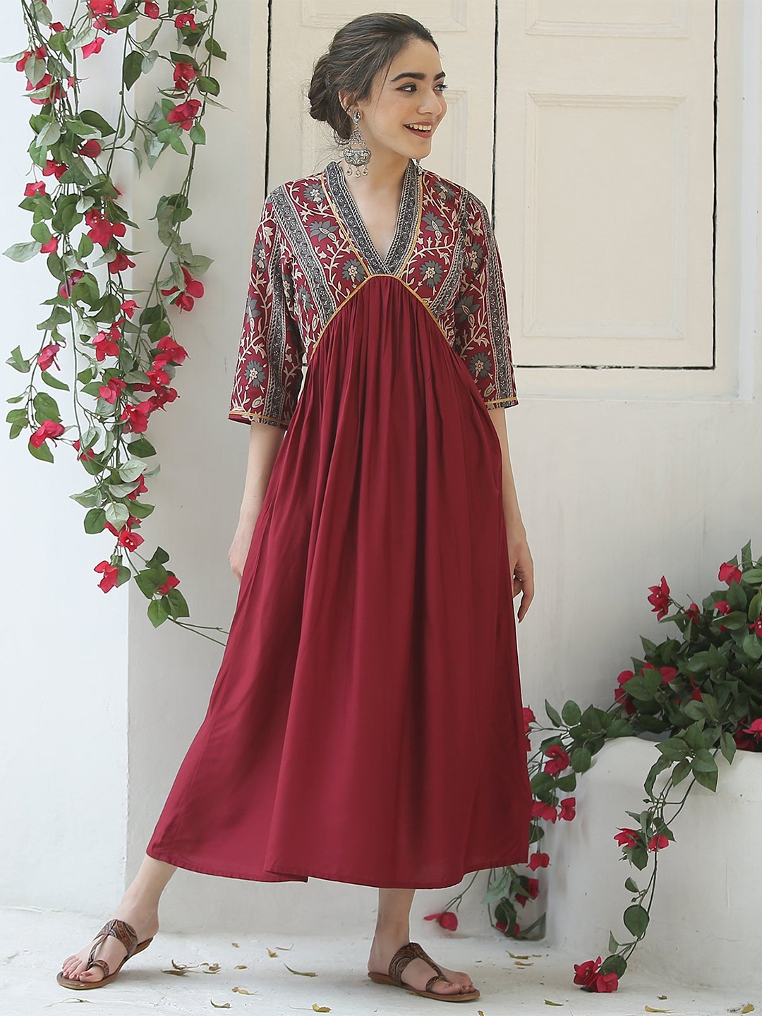 KALINI Floral Printed V-Neck Fit & Flare Midi Dress, Maroon