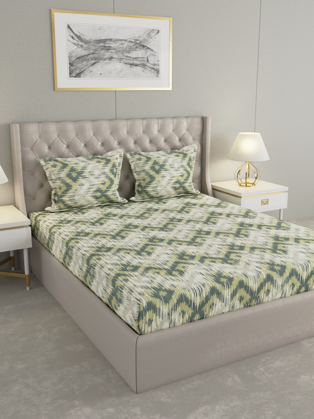 Raymond Home Green & White Abstract Cotton 104 TC Queen Bedsheet With 2 Pillow Covers
Raymond Home Green & White Abstract Cotton 104 TC Queen Bedsheet With 2 Pillow Covers