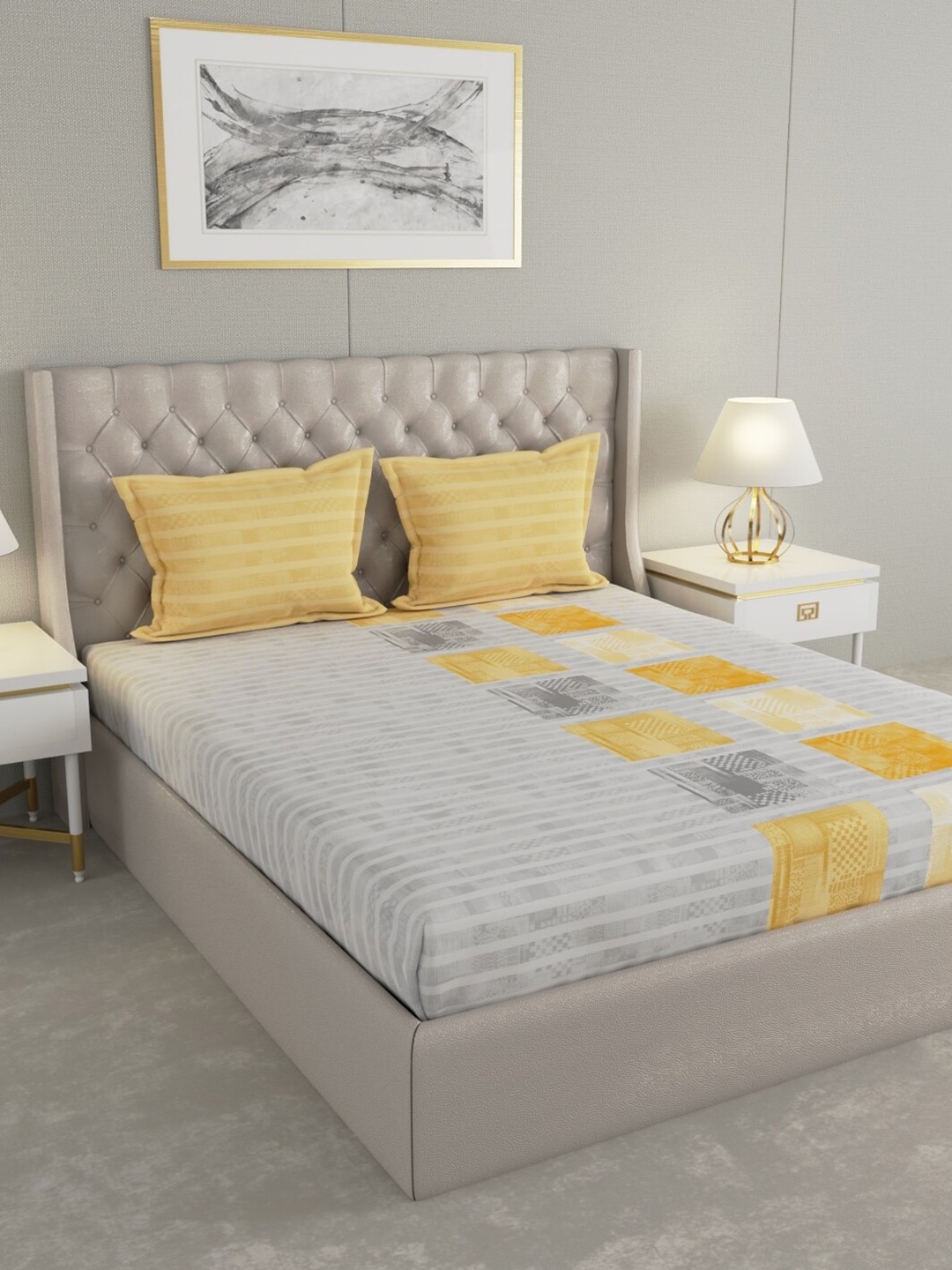 Raymond Home Grey & Yellow Geometric Cotton 144 TC Queen Bedsheet with 2 Pillow Covers
Raymond Home Grey & Yellow Geometric Cotton 144 TC Queen Bedsheet with 2 Pillow Covers