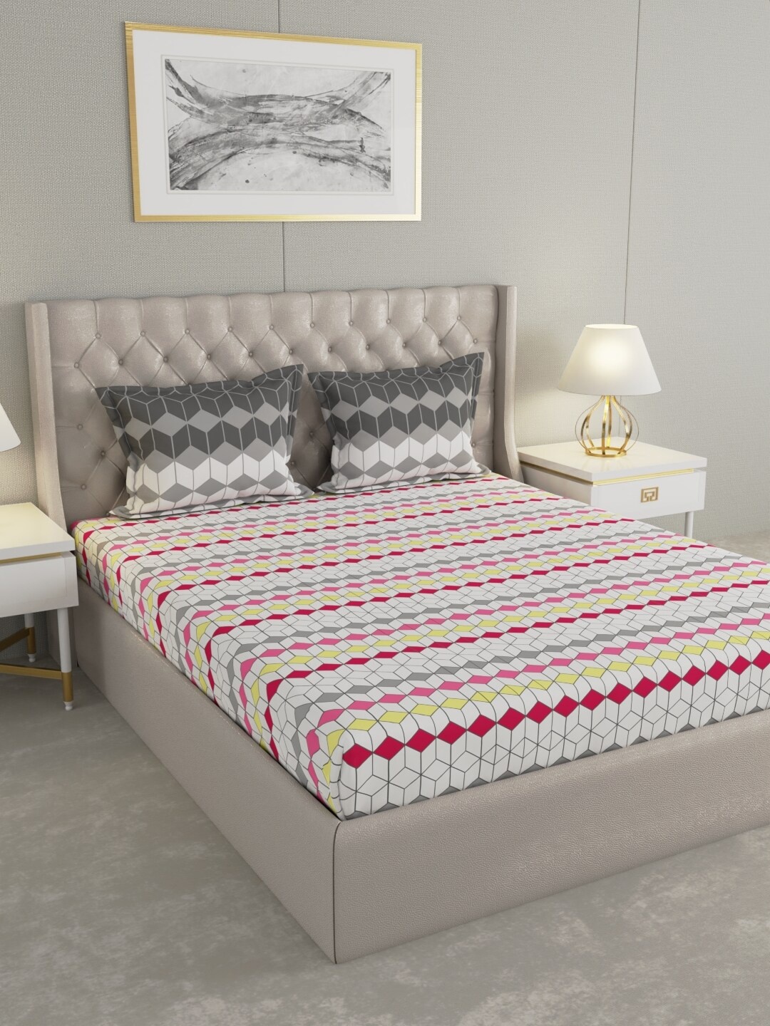 Raymond Home White & Grey Geometric Cotton 144 TC Queen Bedsheet With 2 Pillow Covers
Raymond Home White & Grey Geometric Cotton 144 TC Queen Bedsheet With 2 Pillow Covers