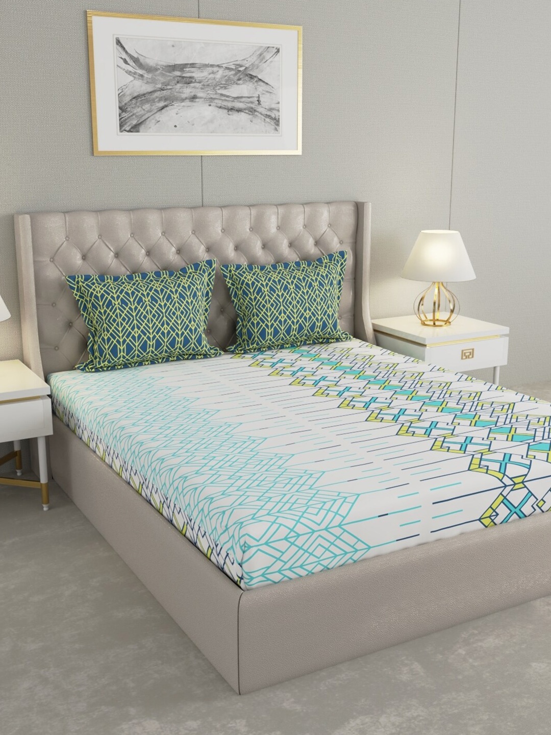 Raymond Home White & Blue Geometric Cotton 144 TC Queen Bedsheet With 2 Pillow Covers
Raymond Home White & Blue Geometric Cotton 144 TC Queen Bedsheet With 2 Pillow Covers