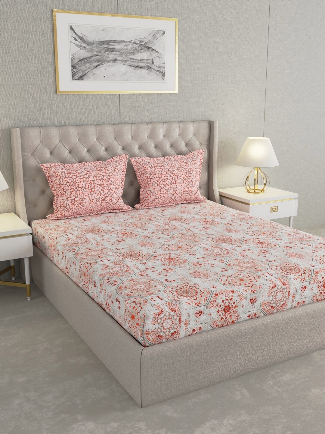 Raymond Home Peach& White Ethnic Motifs Cotton144 TC Queen Bedsheet with 2 Pillow Covers
Raymond Home Peach& White Ethnic Motifs Cotton144 TC Queen Bedsheet with 2 Pillow Covers